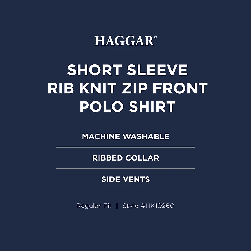 Haggar Rib Knit Zip Front Mens Regular Fit Short Sleeve Polo Shirt
