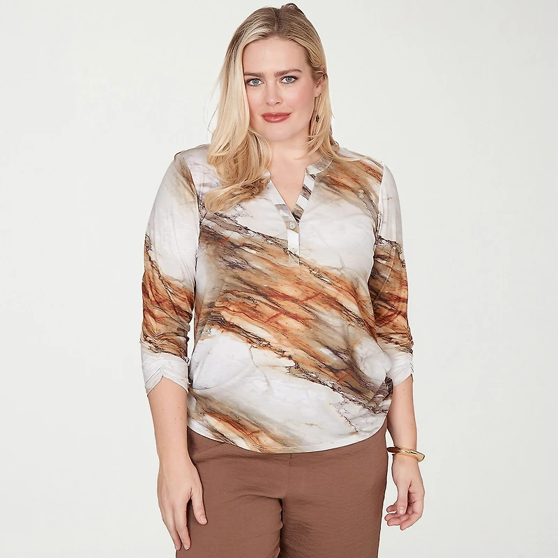 Alfred Dunner Spice Market Womens Split Crew Neck 3/4 Sleeve T-Shirt