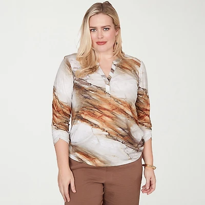 Alfred Dunner Spice Market Womens Split Crew Neck 3/4 Sleeve T-Shirt