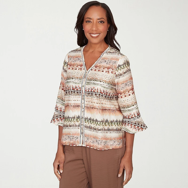 Alfred Dunner Spice Market Womens V Neck 3/4 Sleeve Blouse