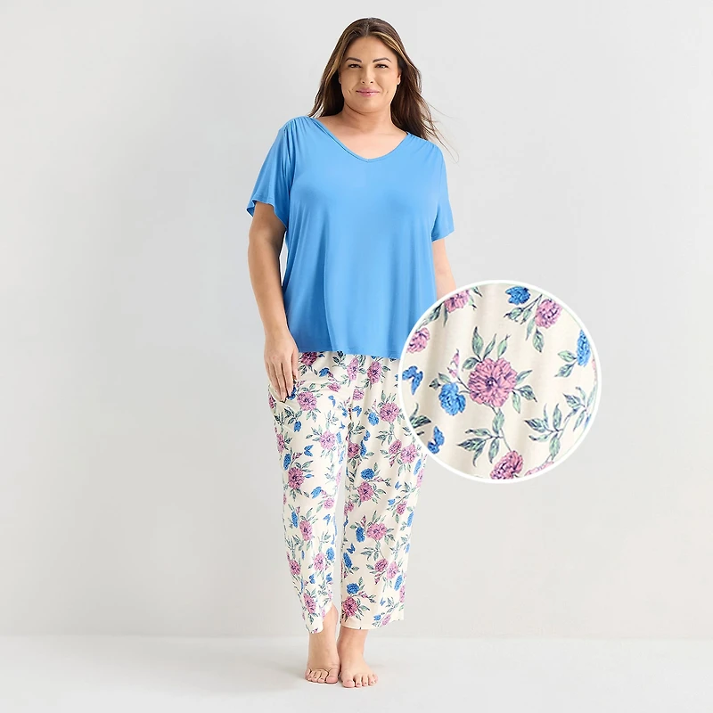Liz Claiborne Cool and Calm Womens V-Neck Short Sleeve 2-pc. Plus Pajama Set