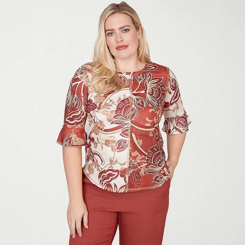 Alfred Dunner Spice Market Womens Crew Neck Elbow Sleeve T-Shirt