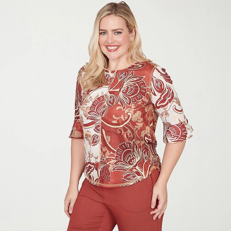 Alfred Dunner Spice Market Womens Crew Neck Elbow Sleeve T-Shirt