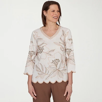 Alfred Dunner Spice Market Womens V Neck 3/4 Sleeve Blouse