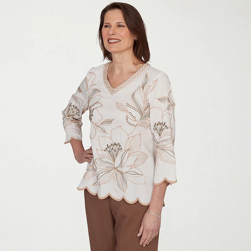 Alfred Dunner Spice Market Womens V Neck 3/4 Sleeve Blouse