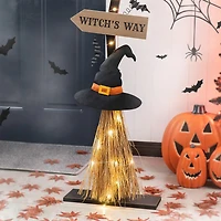 Glitzhome Lighted Wooden Witch's Broom Decor Halloween Indoor Porch Sign
