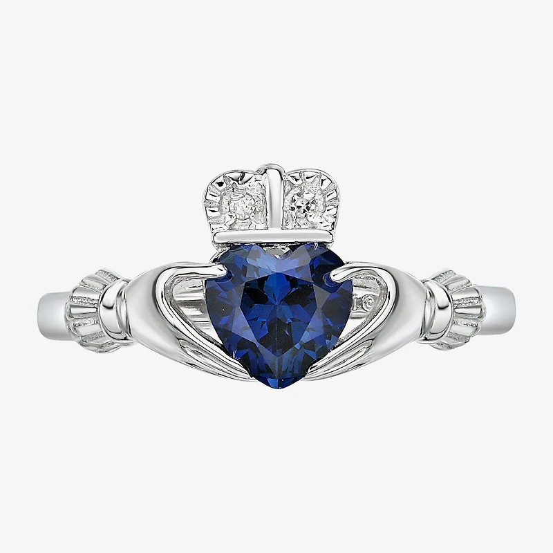 Womens Diamond Accent Lab Created Blue Sapphire Sterling Silver Claddagh Cocktail Ring