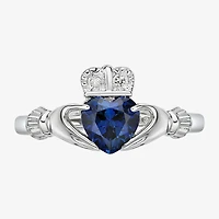 Womens Diamond Accent Lab Created Blue Sapphire Sterling Silver Claddagh Cocktail Ring