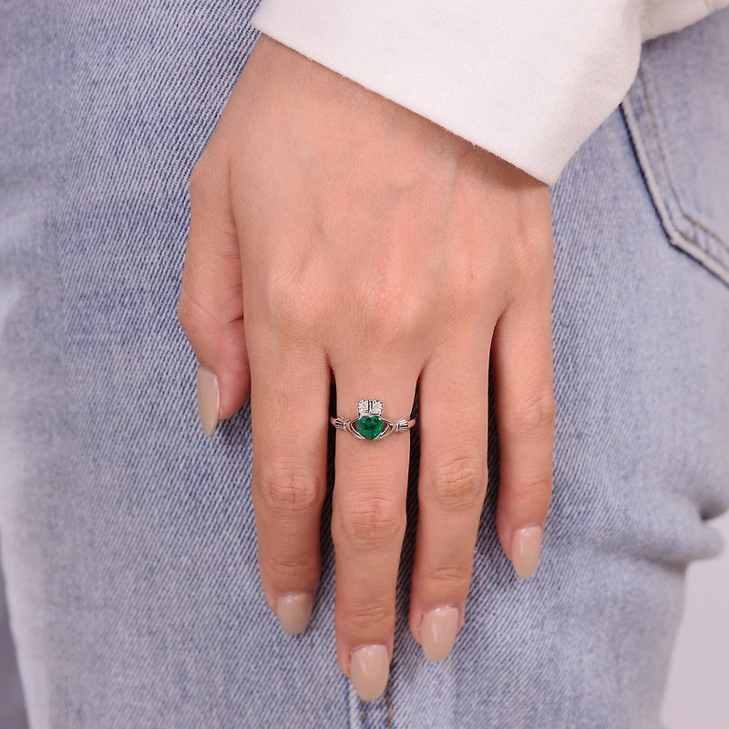 Womens Diamond Accent Lab Created Green Emerald Sterling Silver Claddagh Cocktail Ring