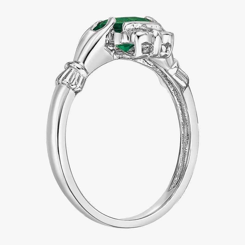 Womens Diamond Accent Lab Created Green Emerald Sterling Silver Claddagh Cocktail Ring