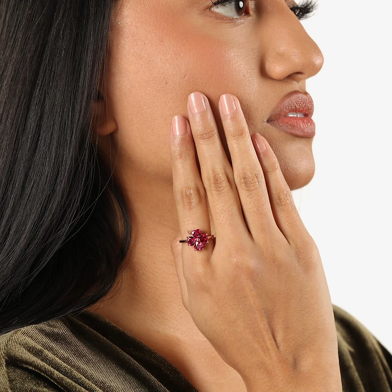 Womens Lab Created Red Ruby 18K Gold Over Silver Flower Cocktail Ring
