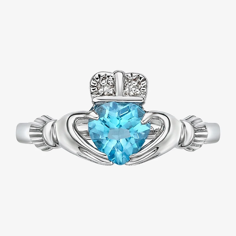 Womens Diamond Accent Genuine Blue Topaz Sterling Silver Claddagh Cocktail Ring