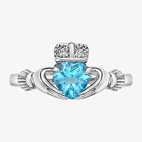 Womens Diamond Accent Genuine Blue Topaz Sterling Silver Claddagh Cocktail Ring