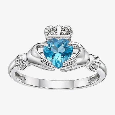 Womens Diamond Accent Genuine Blue Topaz Sterling Silver Claddagh Cocktail Ring