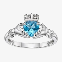 Womens Diamond Accent Genuine Blue Topaz Sterling Silver Claddagh Cocktail Ring