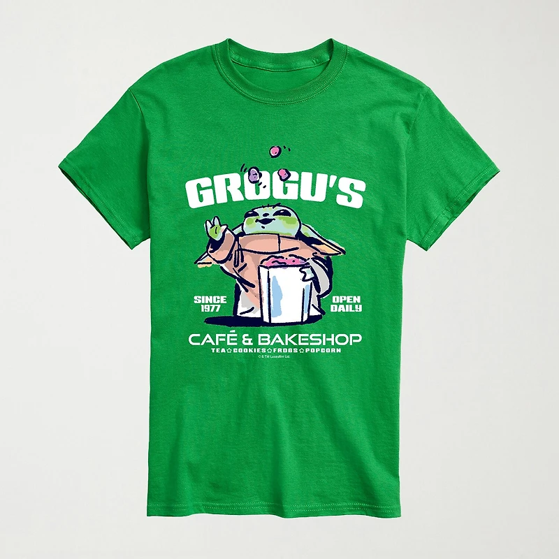Novelty The Mandalorian And Grogu Cafe Bakeshop Mens Crew Neck Short Sleeve Regular Fit Baby Yoda Star Wars Graphic T-Shirt
