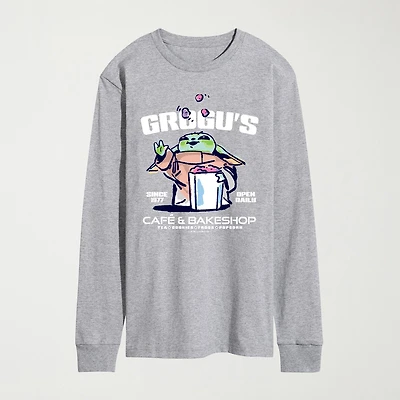 Novelty The Mandalorian And Grogu Cafe Bakeshop Mens Crew Neck Long Sleeve Regular Fit Baby Yoda Star Wars Graphic T-Shirt
