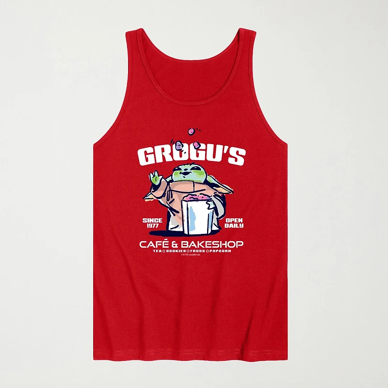 Novelty The Mandalorian And Grogu Cafe Bakeshop Mens Crew Neck Sleeveless Regular Fit Baby Yoda Star Wars Graphic T-Shirt