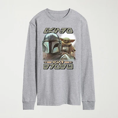 Novelty The Mandalorian And Grogu Aurebesh Alien Script Mens Crew Neck Long Sleeve Regular Fit Baby Yoda Star Wars Graphic T-Shirt