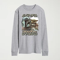 Novelty The Mandalorian And Grogu Aurebesh Alien Script Mens Crew Neck Long Sleeve Regular Fit Baby Yoda Star Wars Graphic T-Shirt