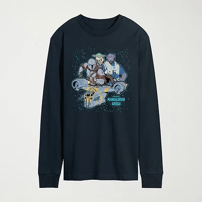 Novelty The Mandalorian And Grogu Collage Mens Crew Neck Long Sleeve Regular Fit Baby Yoda Star Wars Graphic T-Shirt