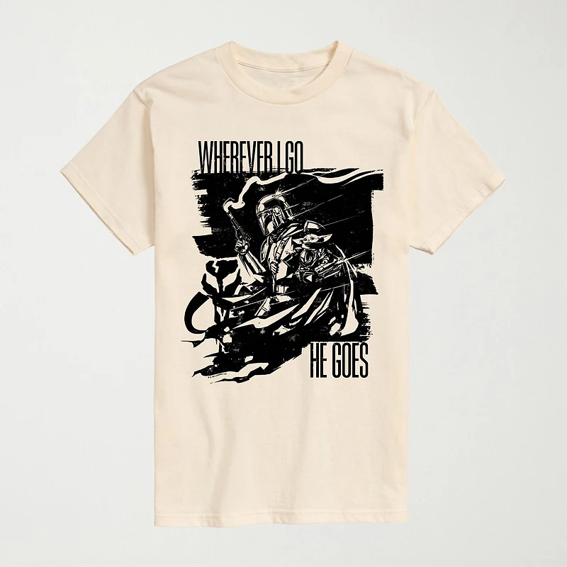 Novelty The Mandalorian And Grogu Where Ever I Go He Goes Mens Crew Neck Short Sleeve Regular Fit Baby Yoda Star Wars Graphic T-Shirt