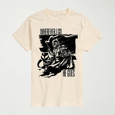 Novelty The Mandalorian And Grogu Where Ever I Go He Goes Mens Crew Neck Short Sleeve Regular Fit Baby Yoda Star Wars Graphic T-Shirt