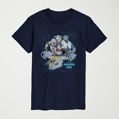 Novelty The Mandalorian and Grogu Collage Mens Crew Neck Short Sleeve Regular Fit Baby Yoda Star Wars Big Tall Graphic T-Shirt