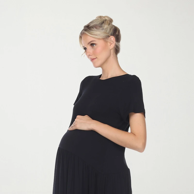 White Mark Womens Maternity Crew Neck Short Sleeve Fitted Maxi Dress