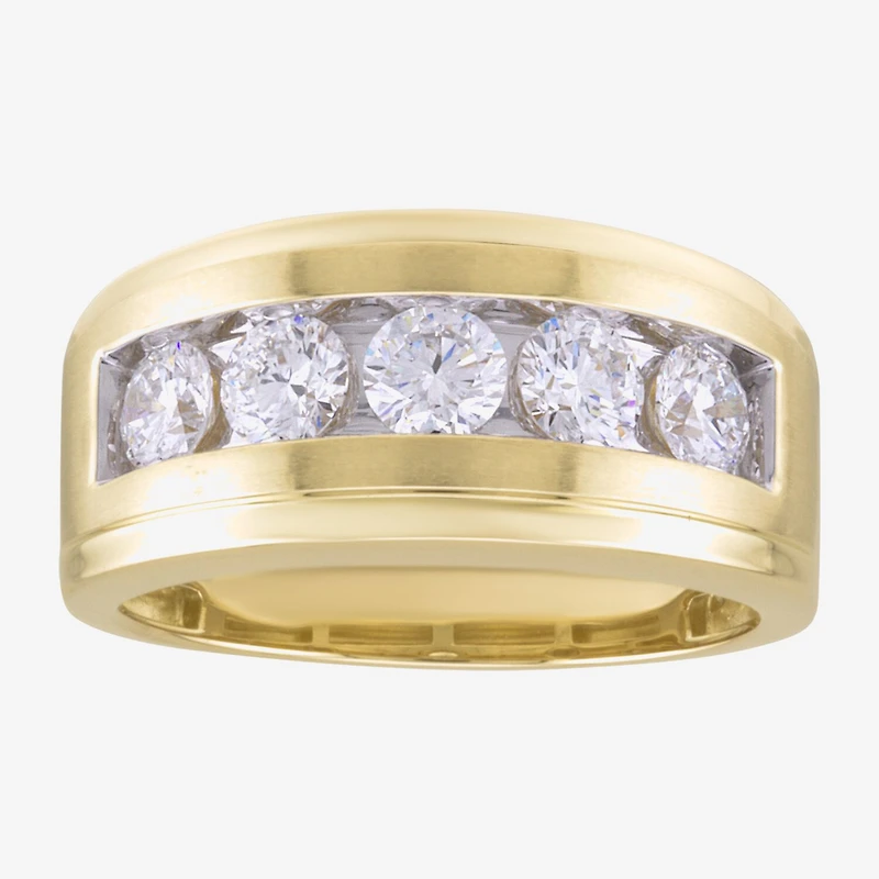 (F / Vs2) Mens 11M 1 1/2 CT. T.W. Lab Grown White Diamond 10K Gold 5-Stone Wedding Band