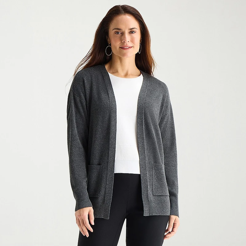 Liz Claiborne Womens Boat Neck Long Sleeve Open Front Cardigan