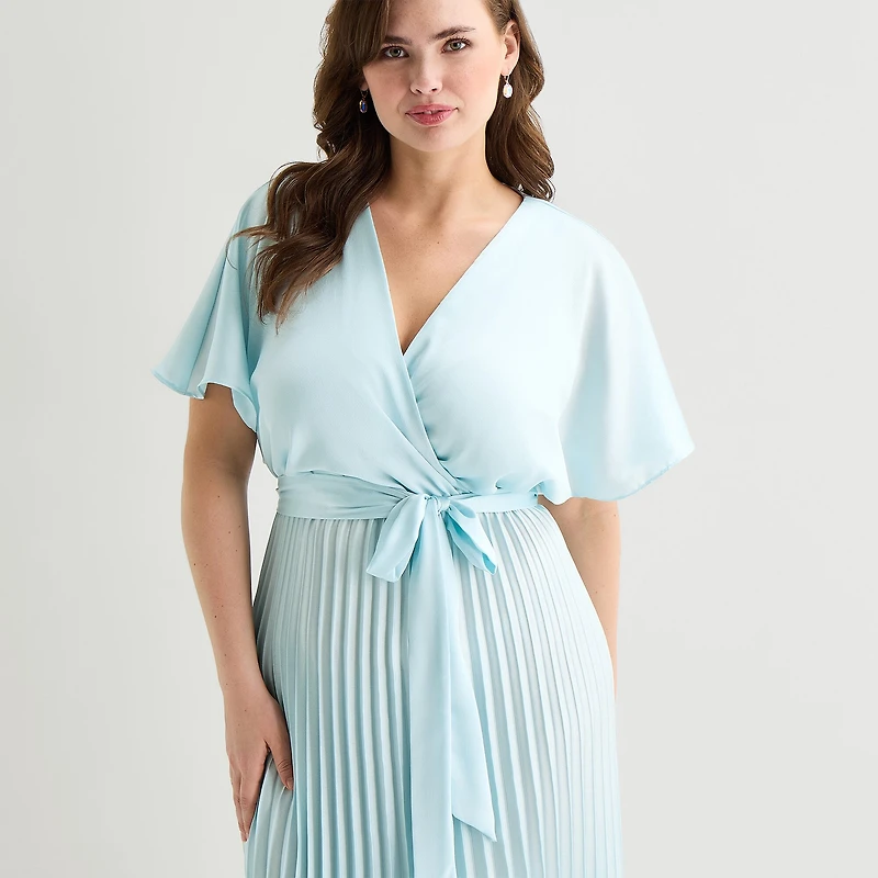 Sandra Darren Womens Plus V Neck Short Sleeve Flutter Maxi Dress