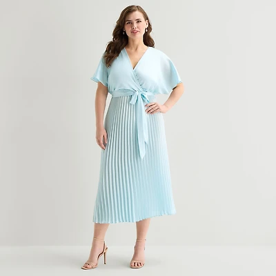 Sandra Darren Womens Plus V Neck Short Sleeve Flutter Maxi Dress