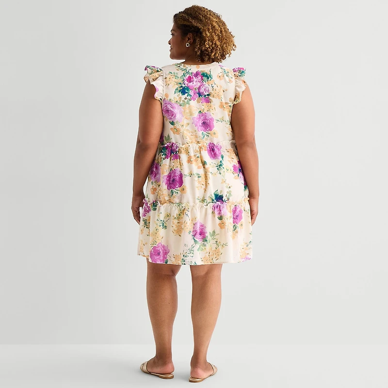 Sandra Darren Womens Plus V Neck Sleeveless Flutter Floral Fit + Flare Dress