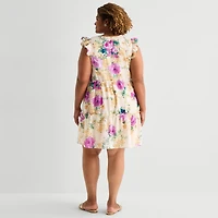 Sandra Darren Womens Plus V Neck Sleeveless Flutter Floral Fit + Flare Dress