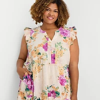 Sandra Darren Womens Plus V Neck Sleeveless Flutter Floral Fit + Flare Dress