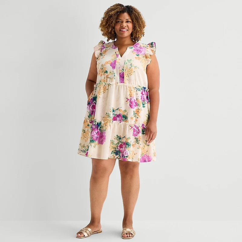 Sandra Darren Womens Plus V Neck Sleeveless Flutter Floral Fit + Flare Dress