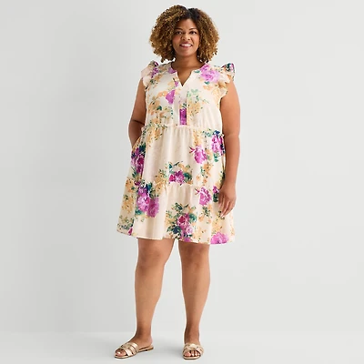 Sandra Darren Womens Plus V Neck Sleeveless Flutter Floral Fit + Flare Dress