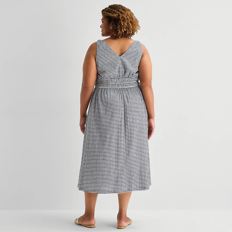 5th + Madison Edit Womens Plus Midi V Neck Sleeveless Plaid Fit Flare Dress