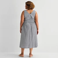 5th + Madison Edit Womens Plus Midi V Neck Sleeveless Plaid Fit Flare Dress