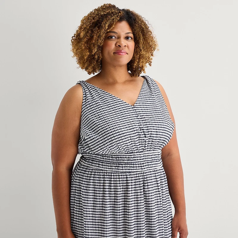 5th + Madison Edit Womens Plus Midi V Neck Sleeveless Plaid Fit Flare Dress