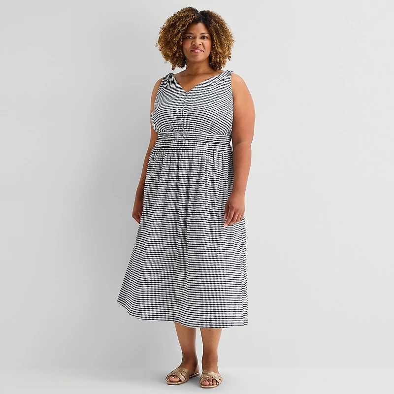 5th + Madison Edit Womens Plus Midi V Neck Sleeveless Plaid Fit Flare Dress