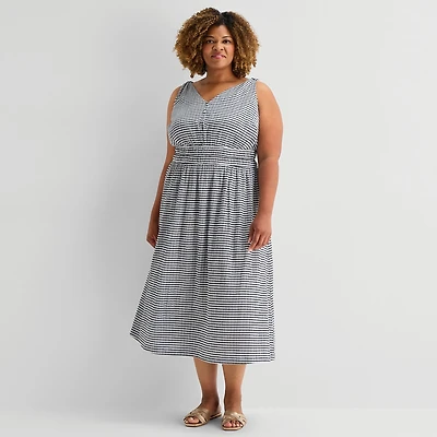 5th + Madison Edit Womens Plus Midi V Neck Sleeveless Plaid Fit Flare Dress