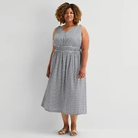 5th + Madison Edit Womens Plus Midi V Neck Sleeveless Plaid Fit Flare Dress