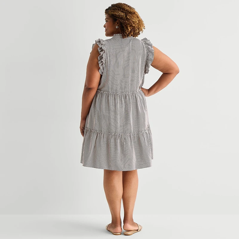 5th + Madison Edit Womens Plus Sleeveless Striped Shirt Dress