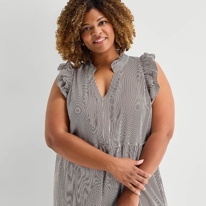 5th + Madison Edit Womens Plus Sleeveless Striped Shirt Dress