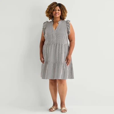 5th + Madison Edit Womens Plus Sleeveless Striped Shirt Dress