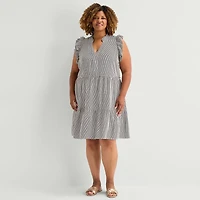 5th + Madison Edit Womens Plus Sleeveless Striped Shirt Dress
