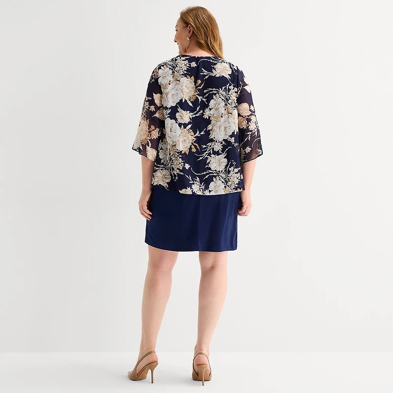 Sandra Darren Womens Plus Floral Faux-Jacket Dress With Removable Necklace
