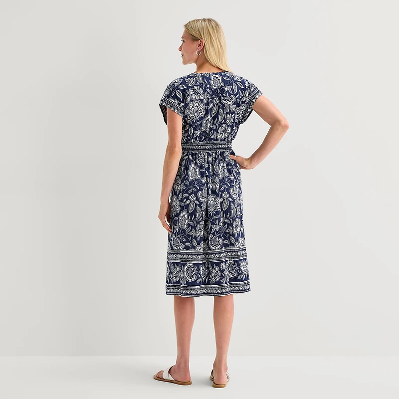 5th + Madison Edit Womens Petite Midi V Neck Sleeveless Cuffed Abstract Fit Flare Dress